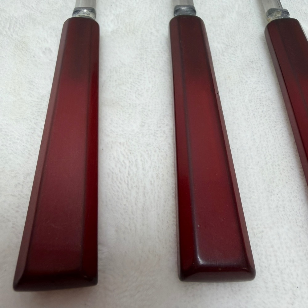 VTG Red Bakelite Handle Stainless Steel Spoons Set of 5 Mid-Century Art Deco - Picture 2 of 14